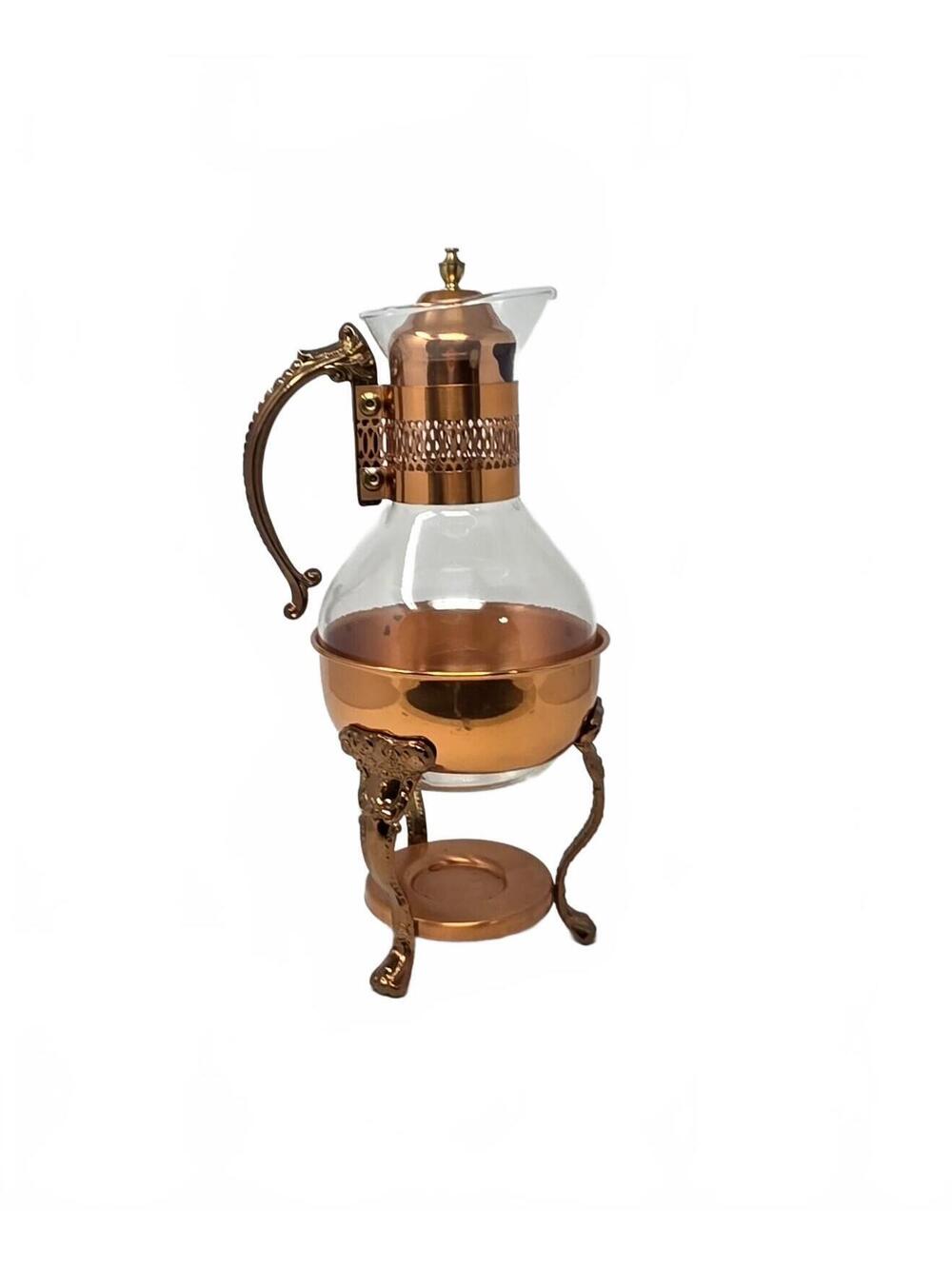 Vintage Glass Coffee Carafe Copper Tone Candle Warmer Stand 13.5 Inch